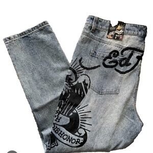 Ed Hardy Distressed Denim Jeans Spellout Men’s Size 36